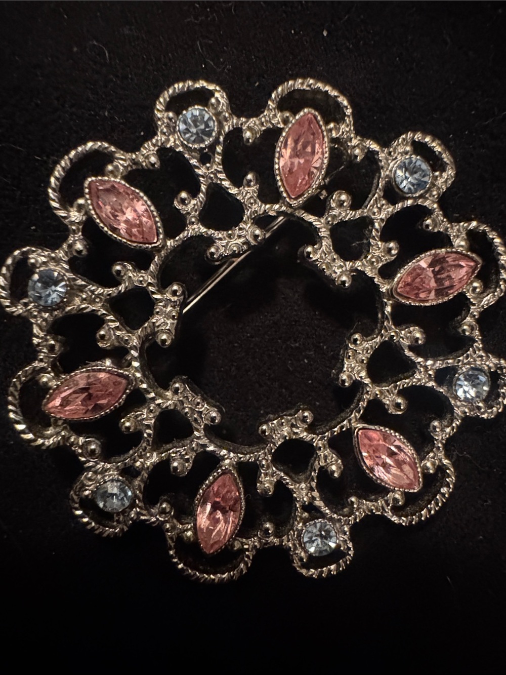 Vintage Silver-Tone Pink & Light Blue Crystal Floral Brooch - Unbranded